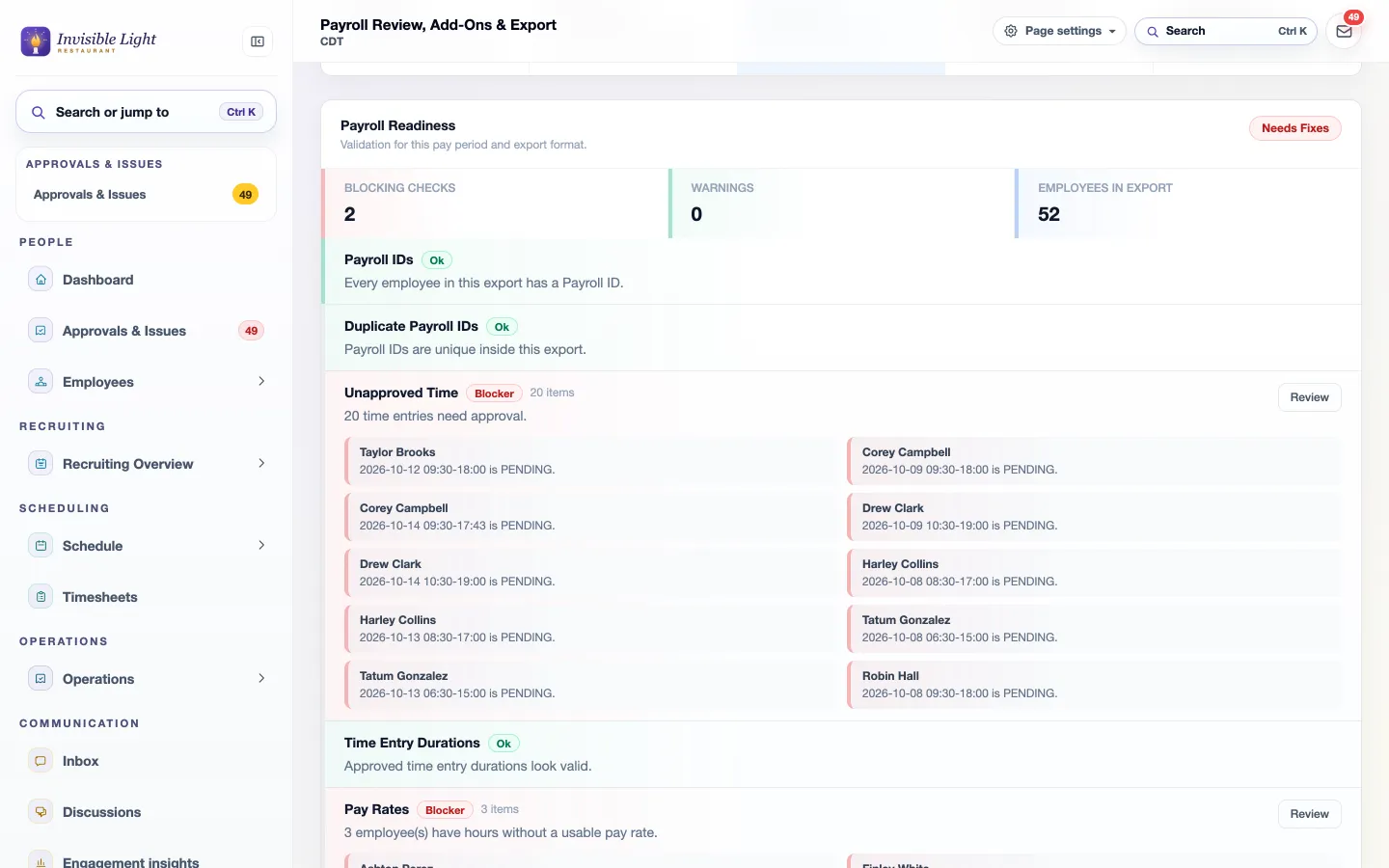 Payroll Readiness with blocking checks: Payroll IDs OK, duplicate IDs OK, unapproved time with the pending entries listed, and pay rates