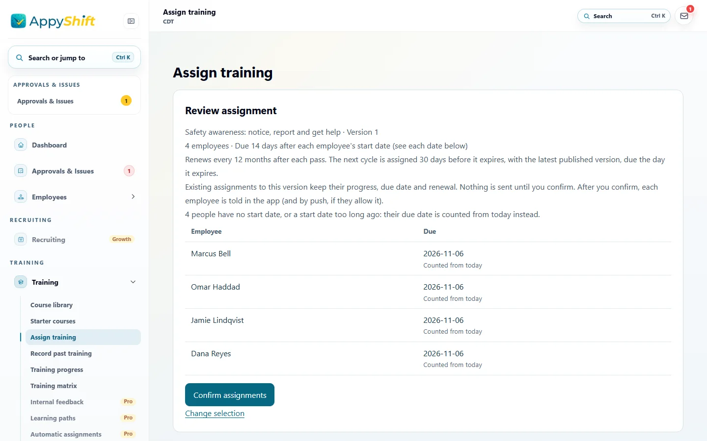 Review assignment for the safety awareness course: four servers, each due 14 days after their start date, renewing every year, with each person's due date and a Confirm assignments button