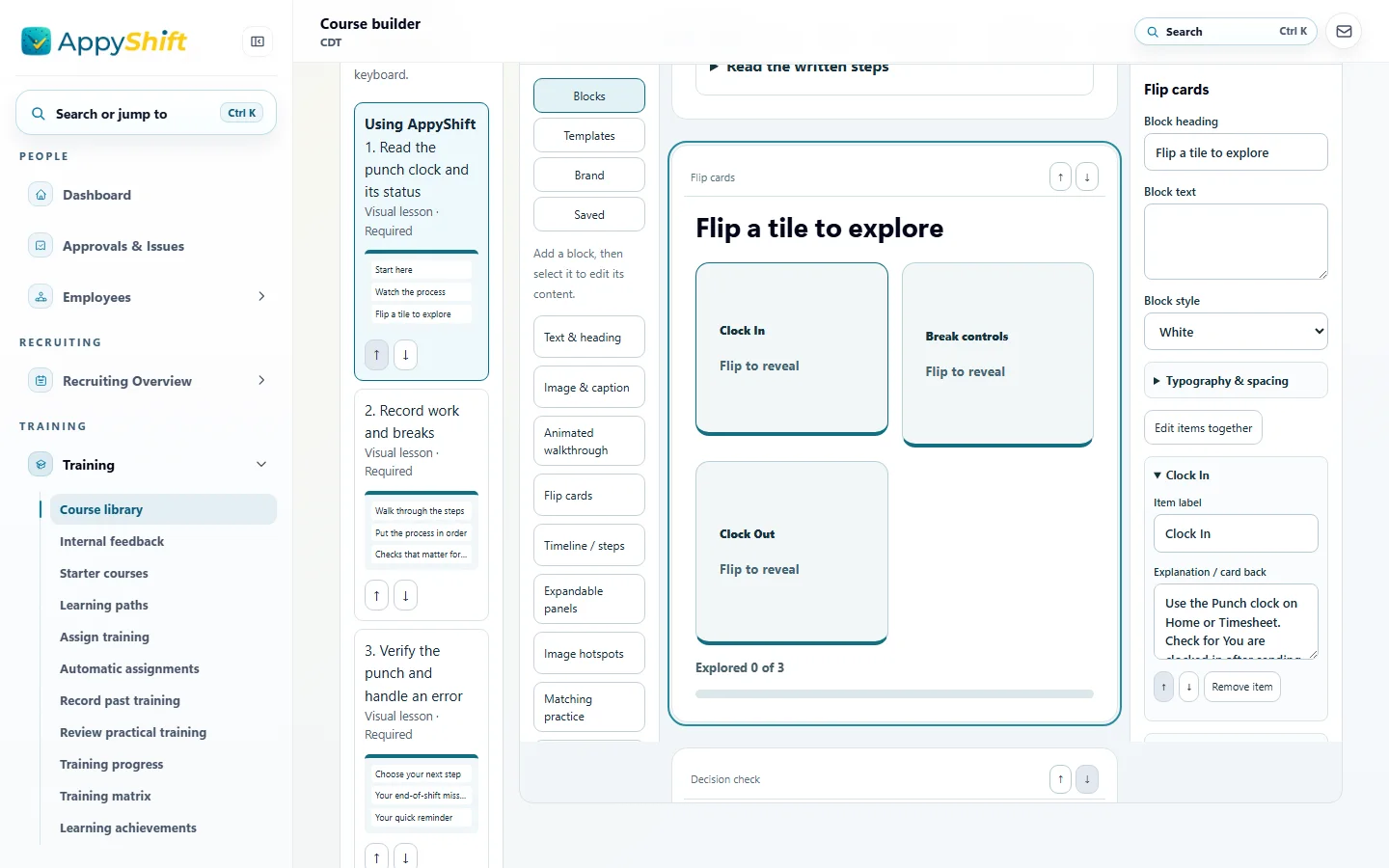 The course builder with the course outline on the left, lesson blocks such as flip cards, timelines and image hotspots, a flip card block being edited and its settings on the right