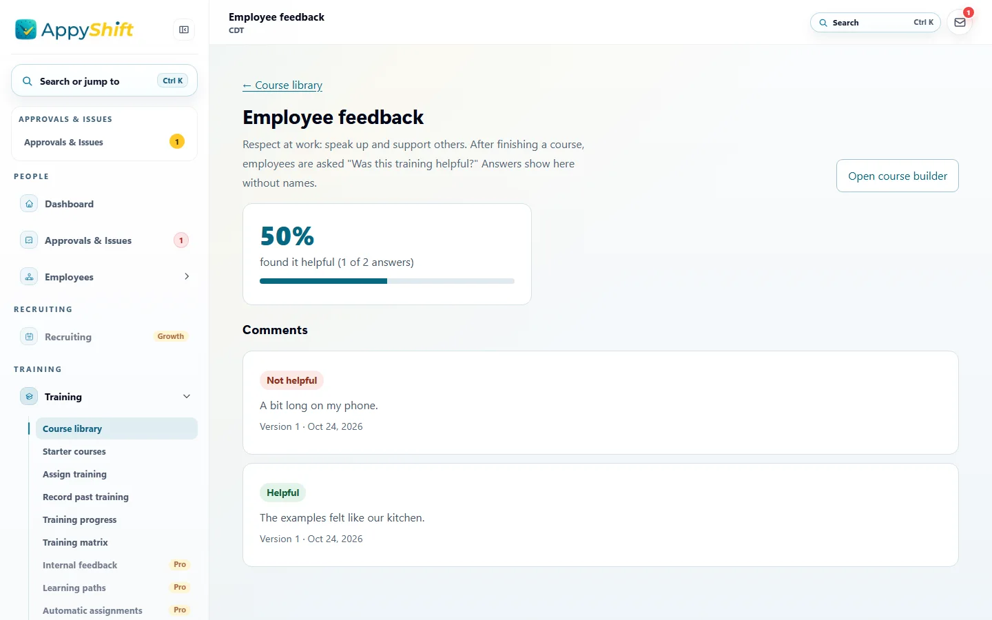 Employee feedback for the respect at work course: 50% found it helpful, 1 of 2 answers, and the comments shown without names