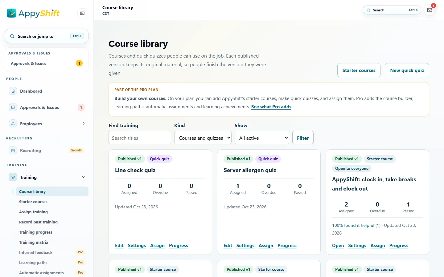 The AppyShift course library with quick quizzes and courses, each with its assigned, overdue and passed counts and Settings, Assign and Progress links