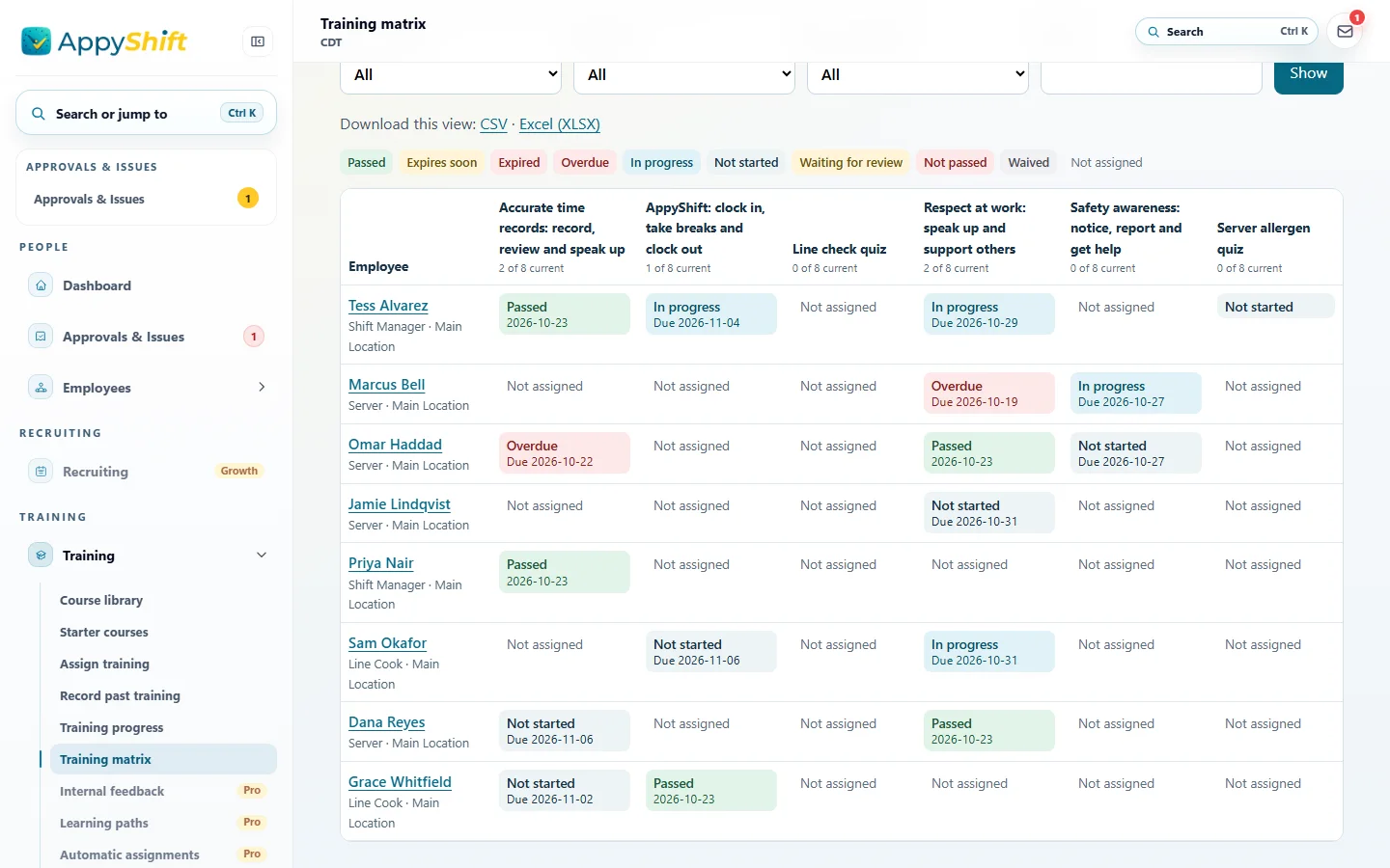The training matrix with each employee in a row and each course in a column, every cell marked passed, in progress, not started, overdue or not assigned with its date, and CSV and Excel downloads