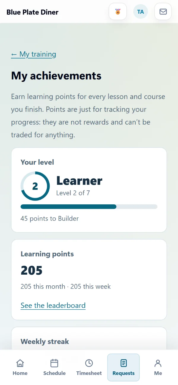 My achievements in the AppyShift app: level 2, Learner, with the points to the next level and 205 learning points this month