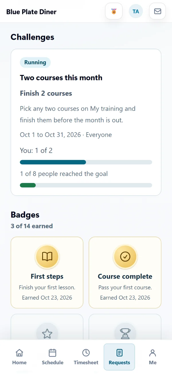 The Two courses this month challenge in the AppyShift app with the employee's own progress, 1 of 8 people reaching the goal, and earned badges below