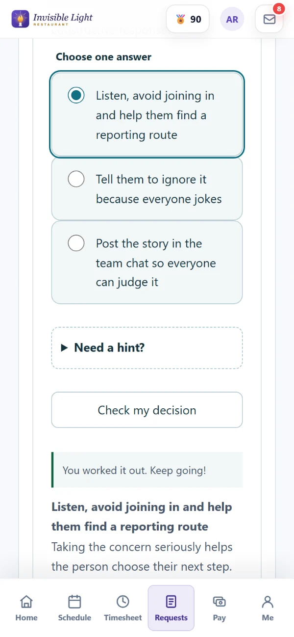 A what-would-you-do question in a training lesson in the AppyShift app, answered, with feedback that explains the right choice