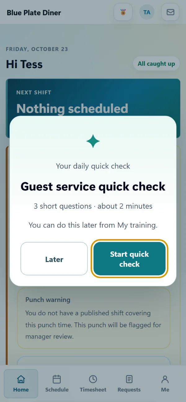 An employee signing in to the AppyShift app sees the day's guest service quick check: three short questions, about two minutes, with Later and Start quick check