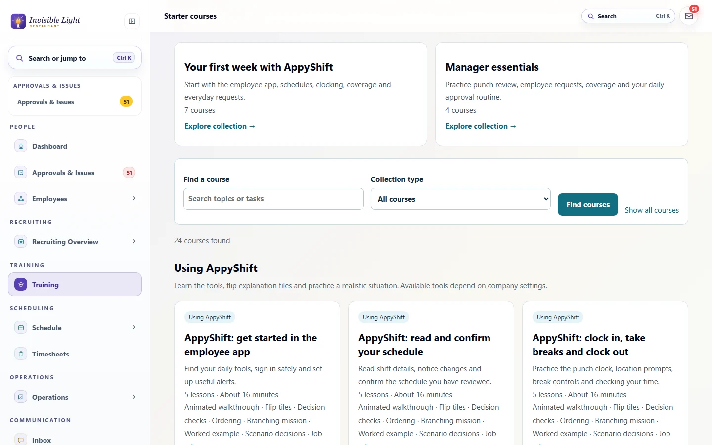 The starter course library with the Your first week with AppyShift and Manager essentials collections, a course search, and course cards with their lessons, length and activities such as flip tiles and decision checks